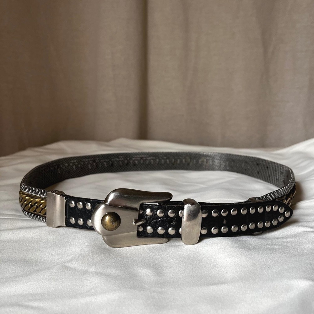 Nanni Italy Studded Leather Chain Mesh Belt Black Silver Gold Size 36‎